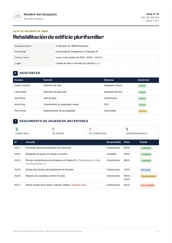 Página 1 del acta de ejemplo: datos de obra, asistentes y seguimiento de acuerdos anteriores
